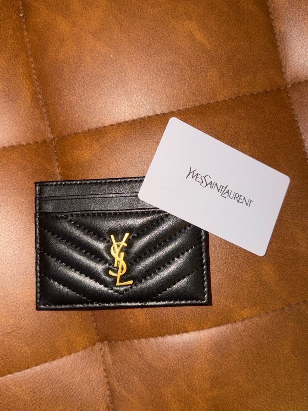 Saint Laurent YSL Quilted Leather Cardholder-Black Gold Emblem-Mothers Day Gift